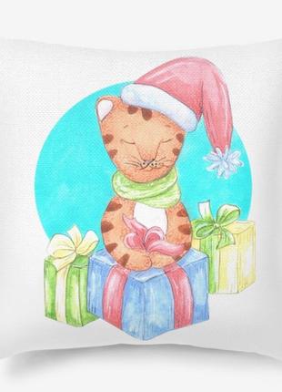 Подушка с новогодним принтом тигр в шапке санты с подарками