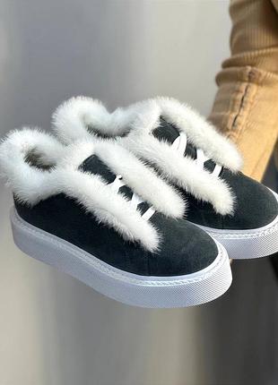 Сірі пухнасті кеди зимові або демісезон натуральна норка замш шкіра