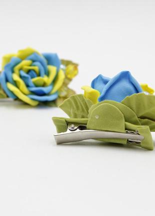 Патріотична об'ємна заколка для волосся жовто-блакитна троянда, заколка для волосся handmade, заколки з квітами на голову (1 шт.)2 фото