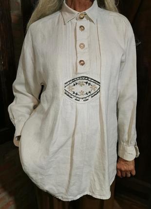 Льняная рубаха винтажная баварская в этно бохо стиле лен с вышивкой узор цветы блуза мужская оверсайз amann3 фото