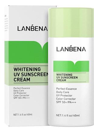 Відбілювальний сонцезахисний крем lanbena whitening uv sunscreen cream spf 50+/pa+++ 40 мл green від пігментації