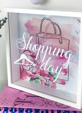 Дерев'яна скарбничка для грошей 22х22х5см shopping day1 фото