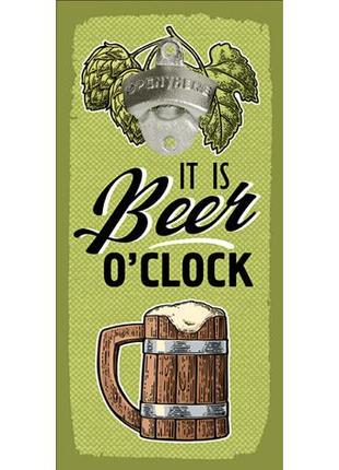 Настенная открывалка для бутылок дерево 32х15см  oit is beer o`clock2 фото