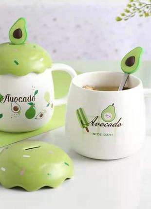 Чашка с крышкой и ложкой авокадо6 фото