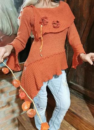 Джемпер асимметричный с рюшами в рубчик цветы в бохо стиле туника свитер расклешенный вязаный трикотажный viva lara4 фото