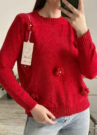 Кофта свитер джемпер красный с цветами