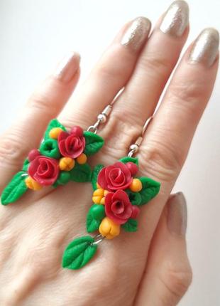 Серьги цвет ручн hand made розы цвет бохо бижутер мини полимерная сережкі бохо этно эксклюзи