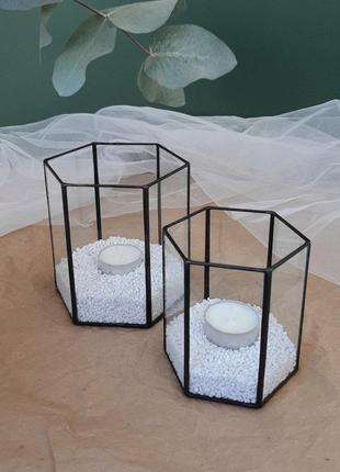Скляні шестикутні підсвічники, набір3 фото