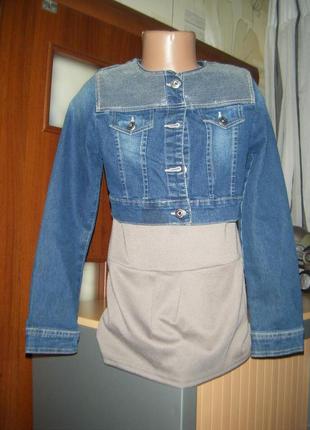 Джинсовый короткий пиджак-болеро с паетками на девочку 8 лет, рост 128-134 см