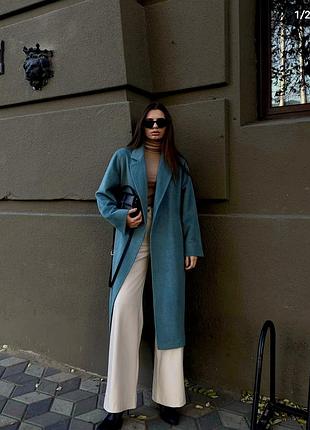Пальто альпака 60% шерсть темна бірюза/ молоко