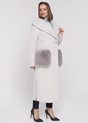 Зимнее длинное пальто макси 44-54р серое с меховыми карманами