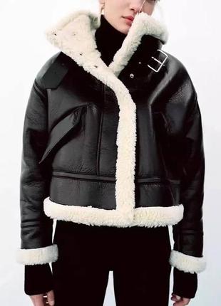 Черная кожаная дубленка на овчине зара, куртка авиатор зимняя, укороченая косуха, пуховик1 фото