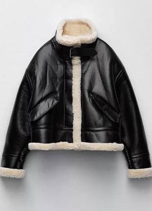 Черная кожаная дубленка на овчине зара, куртка авиатор зимняя, укороченая косуха, пуховик2 фото