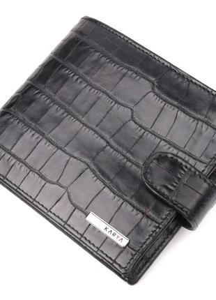 Горизонтальне вузьке портмоне з хлястиком із натуральної фактурної шкіри під крокодила karya 21089 чорний