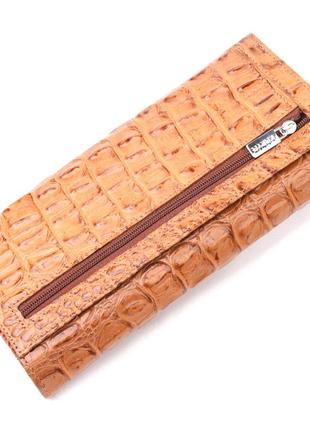 Женский горизонтальный кошелек из натуральной кожи с тиснением под крокодила karya 21164 рыжий2 фото