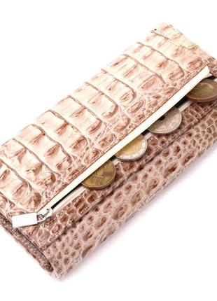 Горизонтальный женский кошелек из натуральной кожи с тиснением под крокодила karya 21163 бежевый6 фото