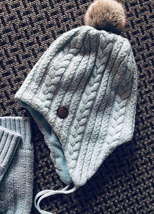 Мятный зимний комплект шапка и варежки на флисе h&m.6 фото