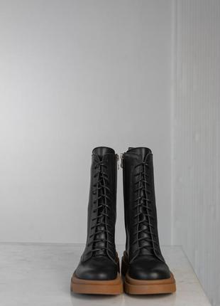 Ботинки зима высокие женские черные светлая рыжая подошва кожа мех3 фото