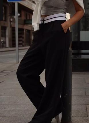 Штани жіночі чорні, вільного крою, чорні з білим поясом, оверсайз