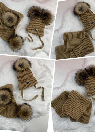 Зимовий набір шапка з натуральним помпоном єнота та хомут😍8 фото