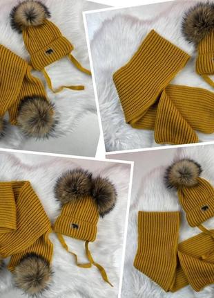 Зимовий набір шапка з натуральним помпоном єнота та хомут😍9 фото