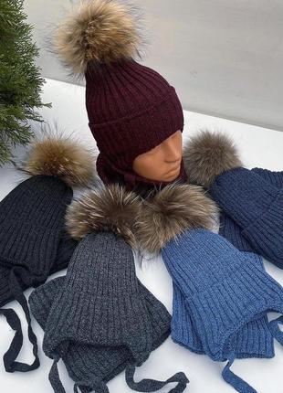 Зимовий набір шапка з натуральним помпоном єнота та хомут😍2 фото