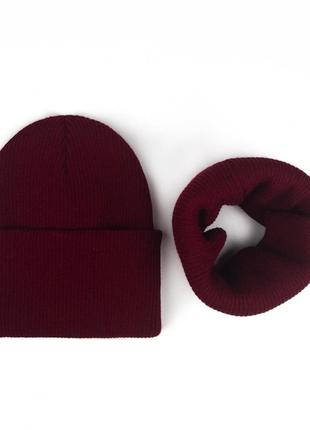 Теплый комплект шапочка рубчик и хомут, шапка с отворотом, шапка рубчик с флисом3 фото