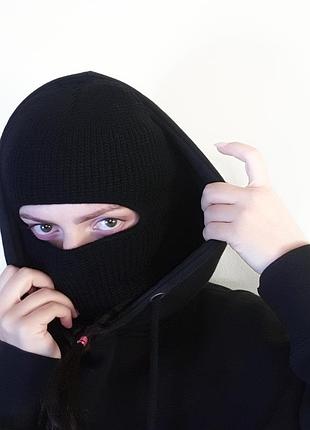 Класична унісекс балаклава однотонна чорна на очі на рот, лавандова фіолетова, бежева, електрик насичений синій, тепла в'язана шапка