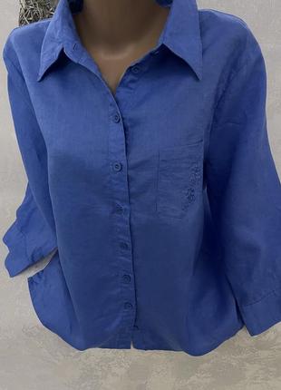 Стильная синяя рубашка лён 100%