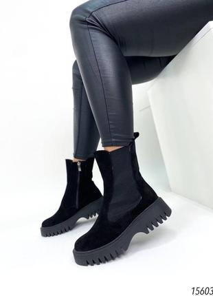 Черные натуральные замшевые зимние ботинки челси с резинкой на резинке толстой подошве зима замша7 фото