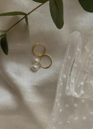 Сережки кільця срібло 925 з покриттям золото 14к, сережки з перлинами, сережки з підвісками4 фото