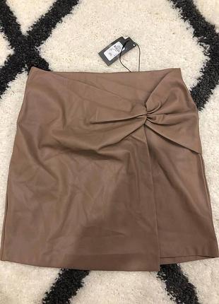 Шкіряна спідниця кожаная юбка бежевая коричневая