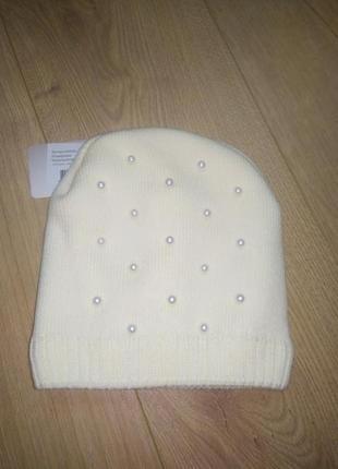 Зимова шапка з перлинами для дівчинки/ тепла шапочка з флісововою підкладкою