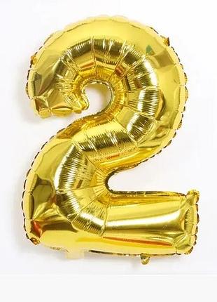 Шарик цифра 2 золотистая, длина 70см, (без гелия), фольга