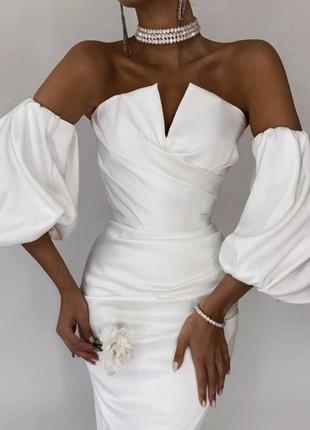 Біла сукня весільна на розпис вінчання, біла сукня міді корсетна атласна, вечірня біла сукня, нарядне біле плаття, біле плаття з розрізом3 фото