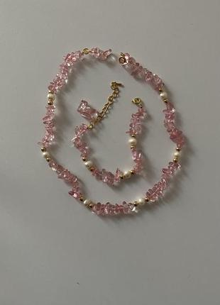 Комплект намисто та браслет з рожевого кварцу та перлин