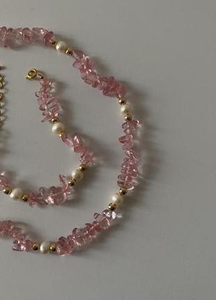 Комплект намисто та браслет з рожевого кварцу та перлин2 фото