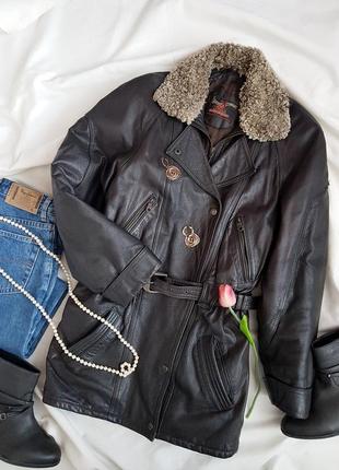 Вінтажна подовжена шкіряна куртка дублянка з пояском leather company