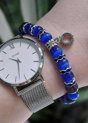 Браслет з натурального каменю аметист і кошаче око