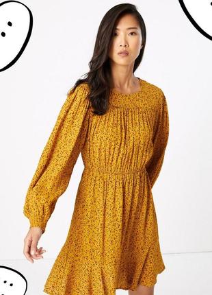 Оранжево-желтое платье с длинным рукавом в цветочный принт m&s( размер 36)