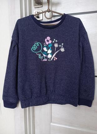 Модний фірмовий синій світшот нарядна кофта светр квітами з паєтками nutmeg для дівчинки 7-8 років1 фото