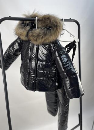Зимовий костюм чорний з лаку монклер хутро єнота до -30 морозу