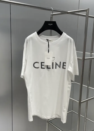 Женская мужская текстильная белая футболка celina с черным логотипом селин1 фото