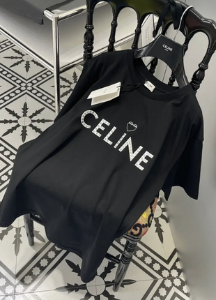 Женская мужская текстильная черная футболка в стиле селин celina с белым логотипом1 фото