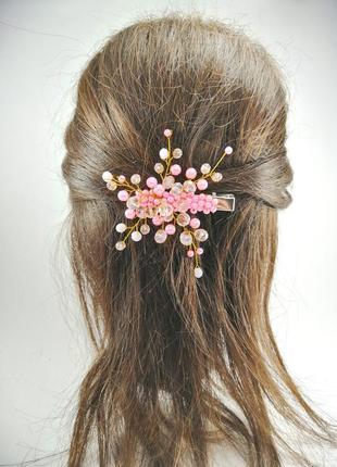 Заколка для волос с хрустальными бусинами розовая6 фото