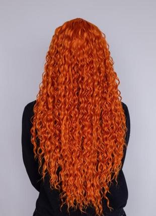 Длинный рыжий кучерявый парик пробор на сетке3 фото