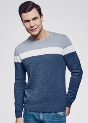 Oogji размер м в наличии базовый мужской свитер джемпер на джинном рукаве синий в белую серую полоску оригинал1 фото