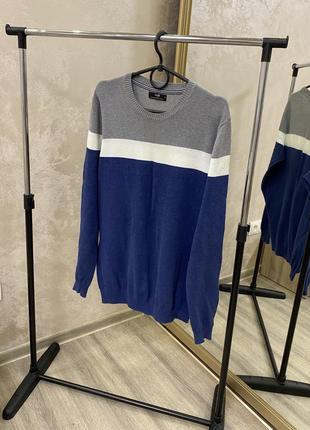 Oogji размер м в наличии базовый мужской свитер джемпер на джинном рукаве синий в белую серую полоску оригинал2 фото