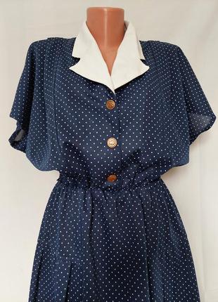 Темно- синее винтажное платье в горошек с белым воротничком littlewoods(размер 12-14)5 фото