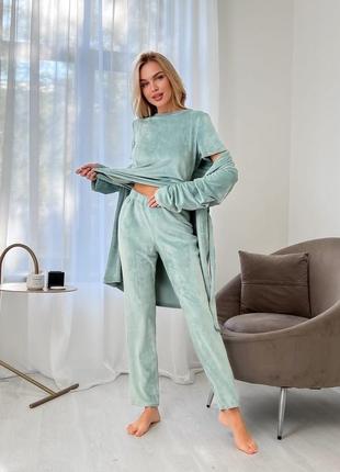Пижамный домашний велюровый костюм халат велюровая пижама велюровые штаны
